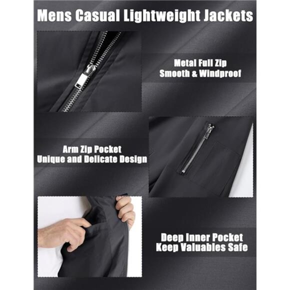 Mens Bomber Jacket Lightweight Windbreaker Fall Spring Casual Zip Up Outwear Coa - Picture 6 of 7